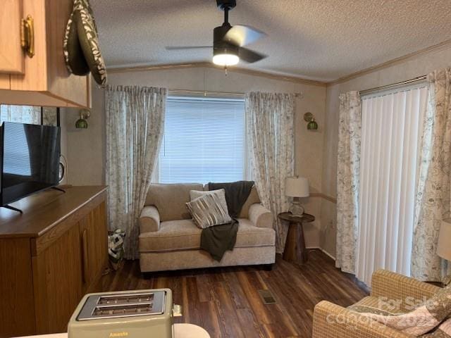 103 Holly Harbor Trl Unit 348A, Mount Gilead, NC 27306 - living room with dark wood-style flooring, ceiling fan, a textured ceiling, ornamental molding, and vaulted ceiling