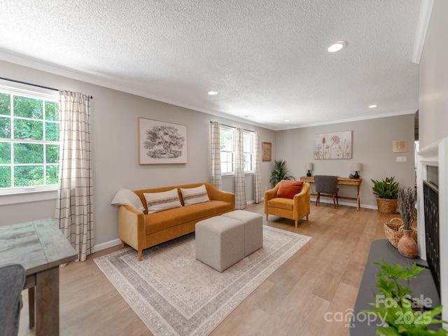 607 W School St, Maiden, NC 28650 - living area with a textured ceiling, ornamental molding, a fireplace, light wood-style flooring, and recessed lighting