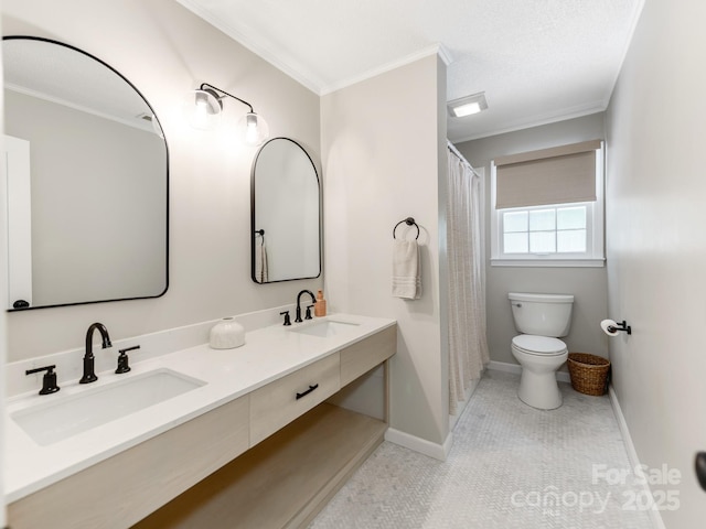 607 W School St, Maiden, NC 28650 - full bath with ornamental molding, double vanity, tile patterned floors, and a shower with shower curtain
