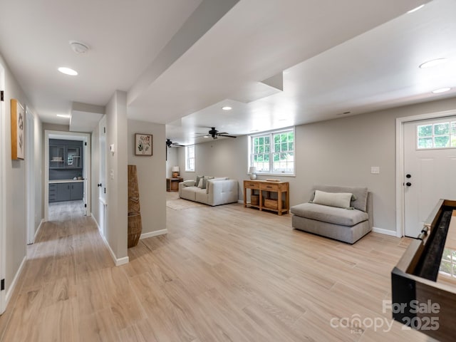 607 W School St, Maiden, NC 28650 - living room with light wood-style floors, recessed lighting, plenty of natural light, and a ceiling fan