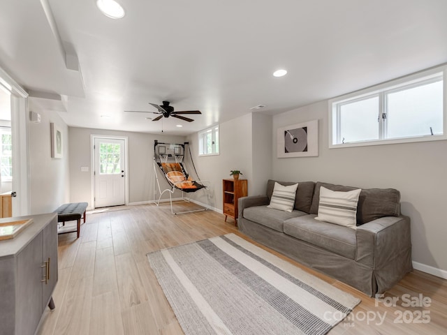 607 W School St, Maiden, NC 28650 - living area with a ceiling fan, light wood-type flooring, and recessed lighting