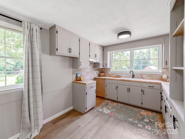 607 W School St, Maiden, NC 28650 - kitchen featuring light wood finished floors, backsplash, light countertops, and wainscoting