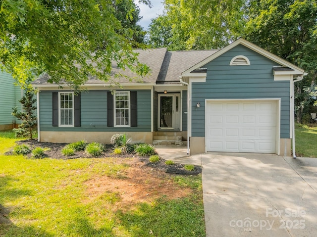 8027 Sherington Way, Charlotte, NC 28227 - single story home with concrete driveway, a garage, a front yard, and roof with shingles