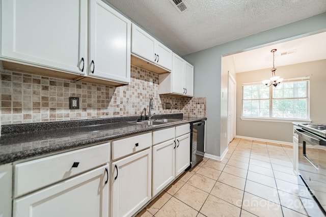 8027 Sherington Way, Charlotte, NC 28227 - kitchen with dishwashing machine, stainless steel range with electric cooktop, decorative backsplash, white cabinetry, and a chandelier