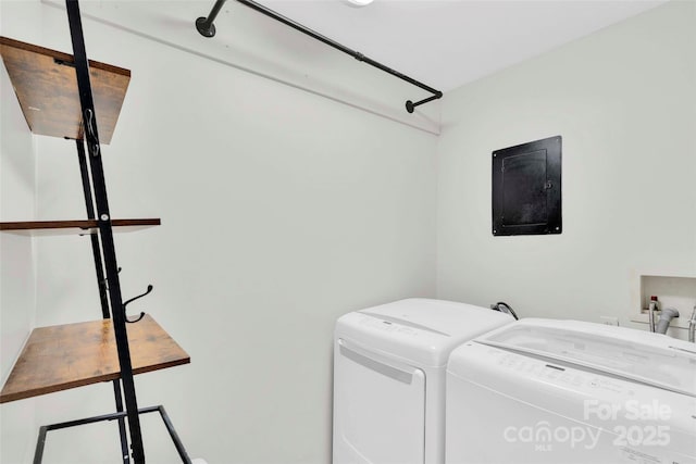 15804 Fairfield Dr, Matthews, NC 28104 - laundry area featuring electric panel and washing machine and clothes dryer