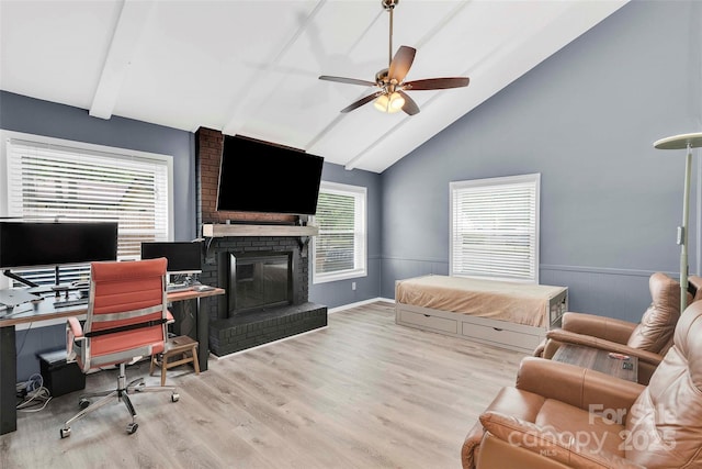 15804 Fairfield Dr, Matthews, NC 28104 - office space featuring ceiling fan, wood finished floors, a wainscoted wall, and a fireplace
