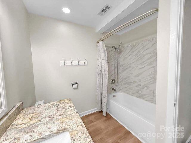 15804 Fairfield Dr, Matthews, NC 28104 - full bathroom featuring shower / tub combo with curtain, wood finished floors, vanity, and recessed lighting