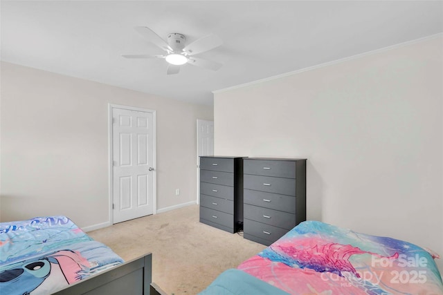 15804 Fairfield Dr, Matthews, NC 28104 - bedroom featuring light carpet, ceiling fan, and ornamental molding
