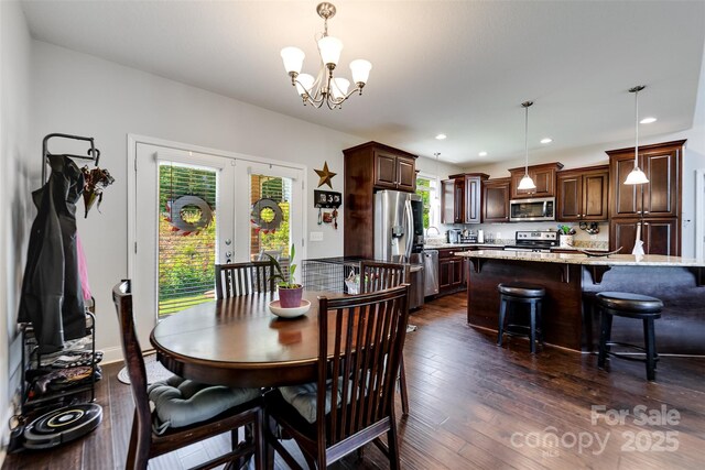 266 Egret Ln, Sylva, NC 28779 - dining space with a chandelier, dark wood-style flooring, french doors, and recessed lighting