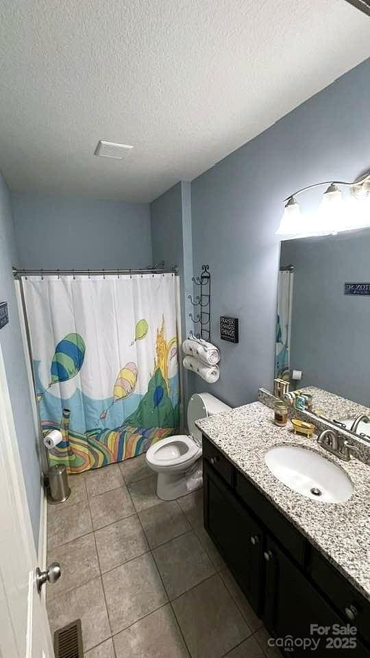 266 Egret Ln, Sylva, NC 28779 - full bath with vanity, a textured ceiling, tile patterned floors, and a shower with shower curtain