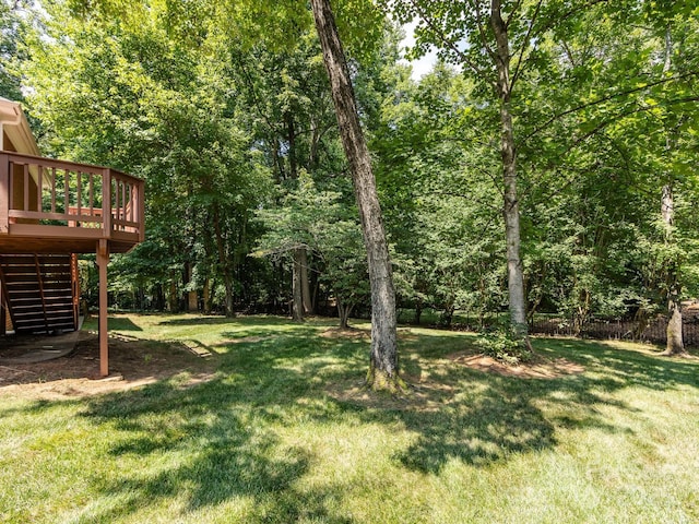 9413 Tillot Dr, Matthews, NC 28105 - view of green lawn with stairway and a wooden deck