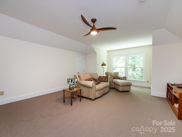 9413 Tillot Dr, Matthews, NC 28105 - carpeted living room with ceiling fan and vaulted ceiling