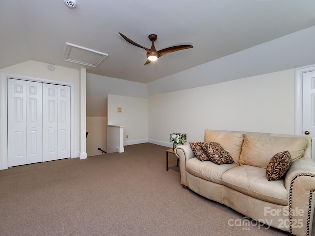9413 Tillot Dr, Matthews, NC 28105 - carpeted living room featuring vaulted ceiling and a ceiling fan