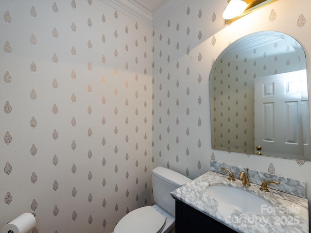 9413 Tillot Dr, Matthews, NC 28105 - bathroom featuring wallpapered walls, vanity, and crown molding
