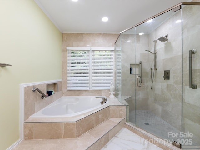 9413 Tillot Dr, Matthews, NC 28105 - bathroom featuring a garden tub, a shower stall, marble finish flooring, crown molding, and recessed lighting
