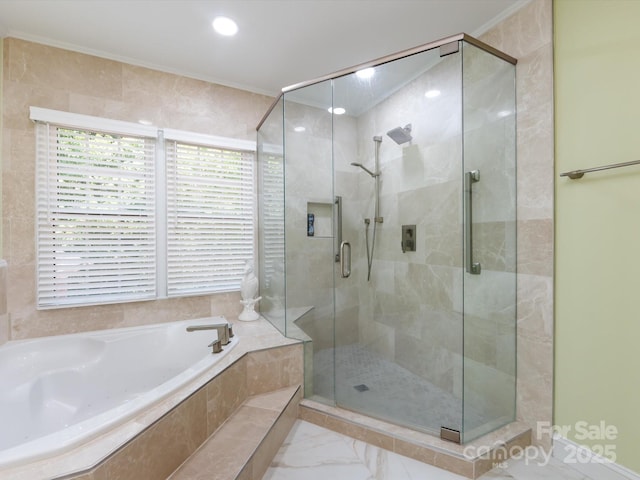 9413 Tillot Dr, Matthews, NC 28105 - bathroom with a garden tub, a shower stall, marble look tile flooring, and recessed lighting