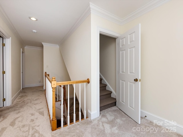 9413 Tillot Dr, Matthews, NC 28105 - staircase featuring carpet flooring, crown molding, and recessed lighting