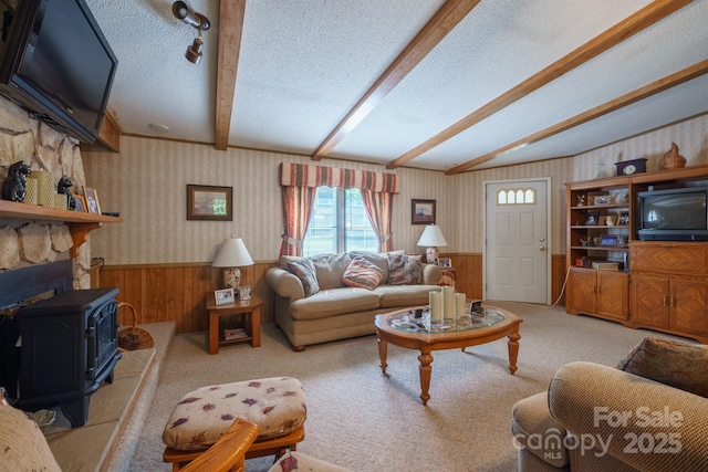 2310 Alexis Lucia Rd, Stanley, NC 28164 - living room featuring wainscoting, beamed ceiling, wood walls, carpet flooring, and a wood stove