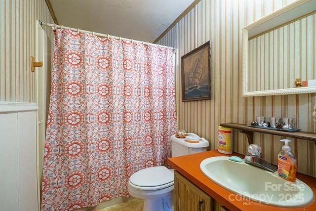 2310 Alexis Lucia Rd, Stanley, NC 28164 - bathroom with wallpapered walls, vanity, and a shower with curtain