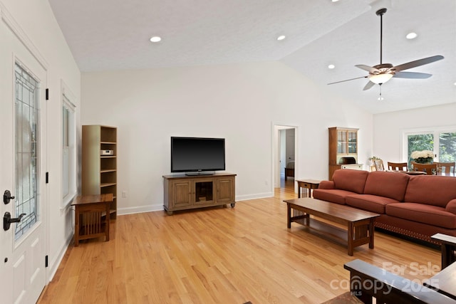 99 Pinecrest Estates Dr, Flat Rock, NC 28731 - living area with light wood-type flooring, a ceiling fan, high vaulted ceiling, and recessed lighting