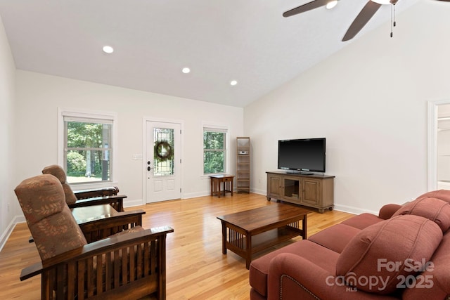 99 Pinecrest Estates Dr, Flat Rock, NC 28731 - living room with ceiling fan, light wood finished floors, recessed lighting, and high vaulted ceiling