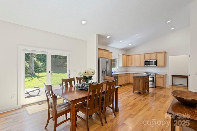 99 Pinecrest Estates Dr, Flat Rock, NC 28731 - dining area with light wood-style floors, lofted ceiling, and recessed lighting