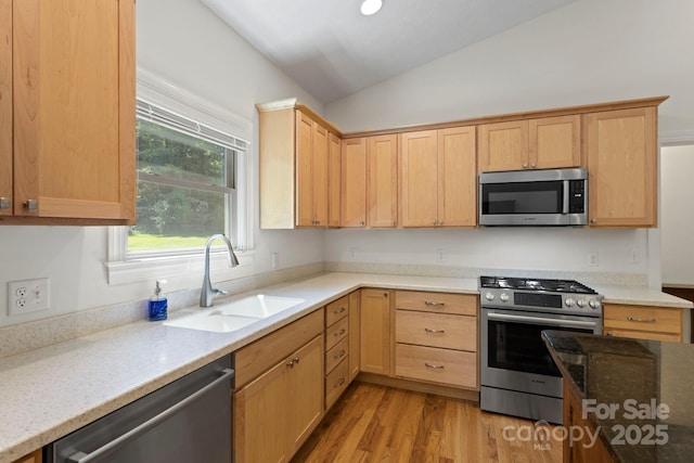 99 Pinecrest Estates Dr, Flat Rock, NC 28731 - kitchen featuring stainless steel appliances, lofted ceiling, light brown cabinets, light wood finished floors, and light stone countertops