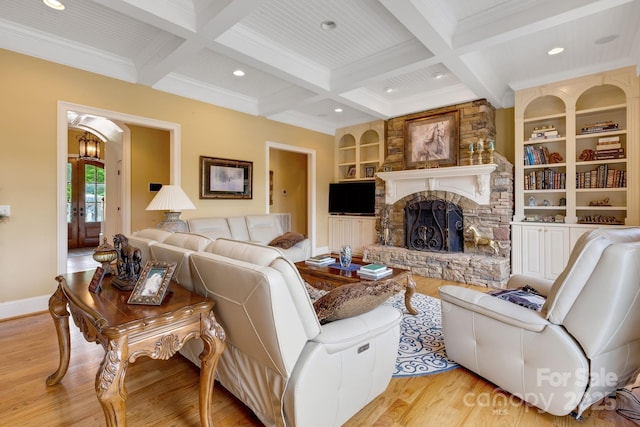340 Harrison Rd, Roebuck, SC 29376 - living area with wood finished floors, beamed ceiling, a fireplace, built in features, and recessed lighting
