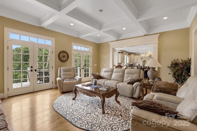 340 Harrison Rd, Roebuck, SC 29376 - living area featuring french doors, beamed ceiling, coffered ceiling, light wood-style floors, and recessed lighting