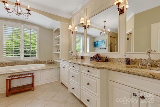 340 Harrison Rd, Roebuck, SC 29376 - bathroom with a chandelier, double vanity, ornamental molding, tile patterned floors, and a bath