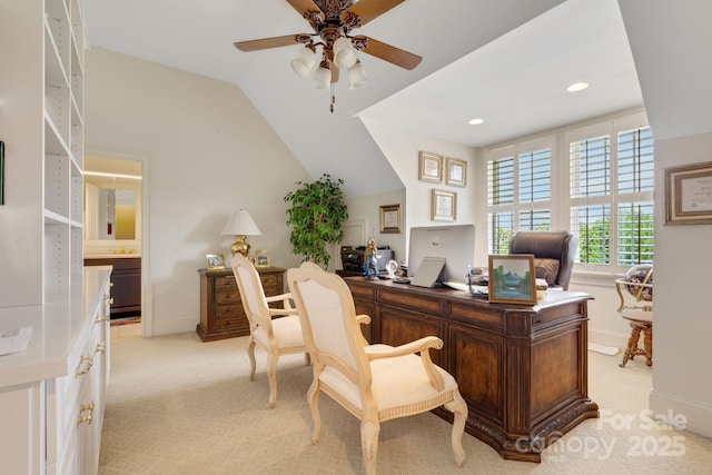 340 Harrison Rd, Roebuck, SC 29376 - office area with a ceiling fan, light colored carpet, lofted ceiling, and recessed lighting