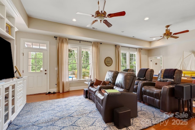 340 Harrison Rd, Roebuck, SC 29376 - home theater with ceiling fan, wood finished floors, and recessed lighting