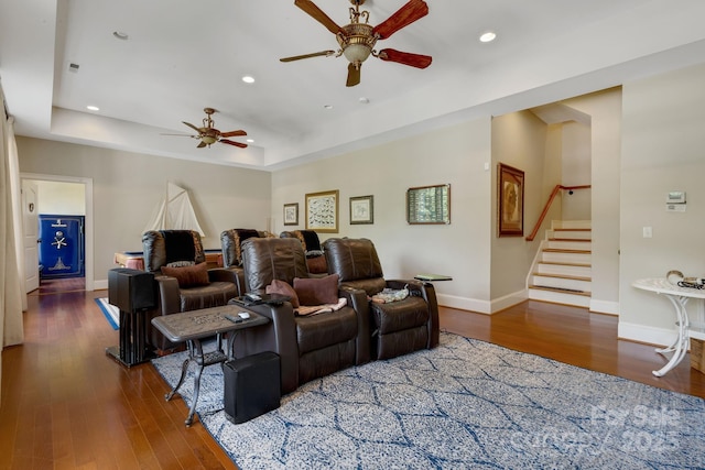 340 Harrison Rd, Roebuck, SC 29376 - cinema featuring a ceiling fan, recessed lighting, wood-type flooring, and a tray ceiling