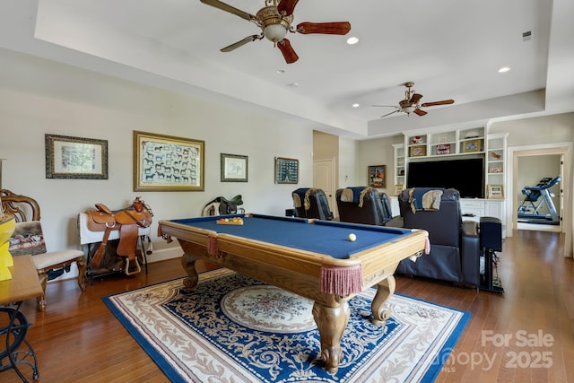 340 Harrison Rd, Roebuck, SC 29376 - recreation room featuring a ceiling fan, a raised ceiling, hardwood / wood-style floors, pool table, and recessed lighting