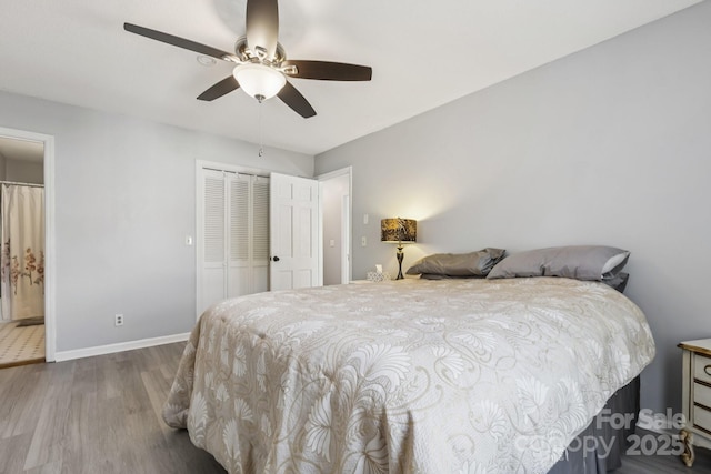 121 Kee Rd, Belmont, NC 28012 - bedroom featuring wood finished floors, a closet, a ceiling fan, and ensuite bath