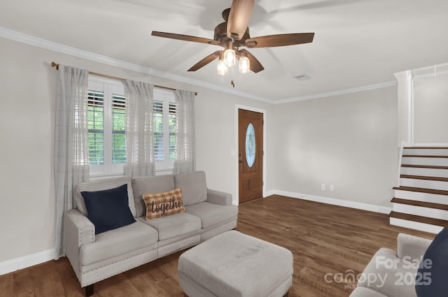 213 Turkey Hill Dr, King, NC 27021 - living area featuring ornamental molding, stairs, ceiling fan, and wood finished floors