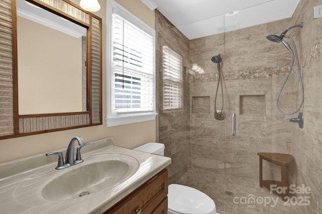 213 Turkey Hill Dr, King, NC 27021 - bathroom featuring a stall shower, vanity, and ornamental molding