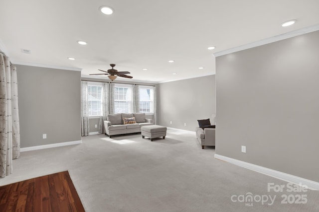 213 Turkey Hill Dr, King, NC 27021 - carpeted living area featuring crown molding, recessed lighting, and a ceiling fan