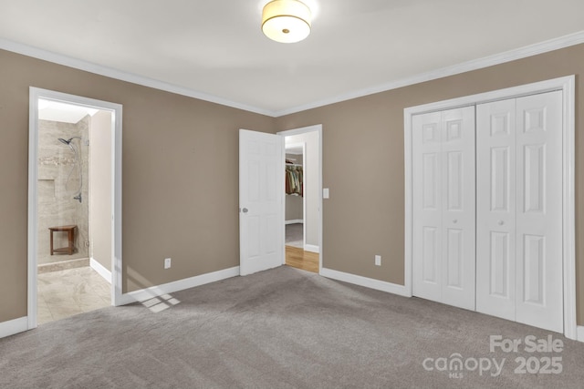 213 Turkey Hill Dr, King, NC 27021 - unfurnished bedroom with carpet flooring, a closet, ornamental molding, and ensuite bath