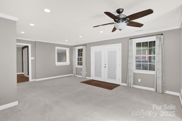213 Turkey Hill Dr, King, NC 27021 - foyer with french doors, ornamental molding, carpet flooring, recessed lighting, and a ceiling fan
