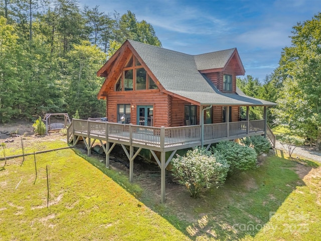 599 Shoal Creek Trl, Nebo, NC 28761 - back of house with a yard, log siding, a shingled roof, and a deck