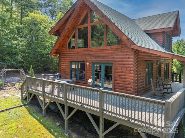 599 Shoal Creek Trl, Nebo, NC 28761 - back of house with log siding, roof with shingles, and a deck