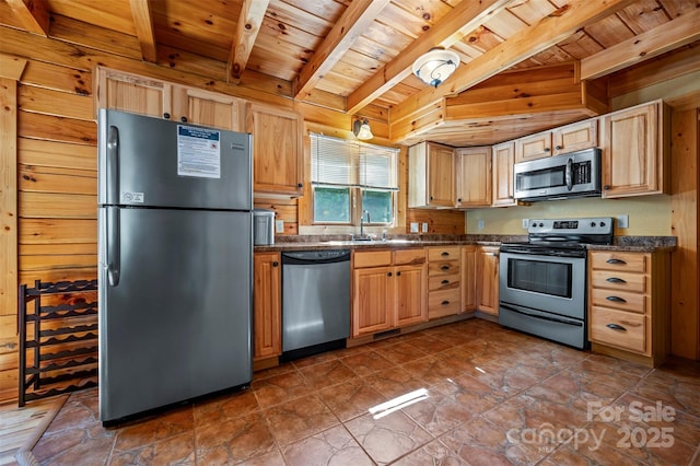 599 Shoal Creek Trl, Nebo, NC 28761 - kitchen with stainless steel appliances, a wood ceiling with exposed beams, dark countertops, and light brown cabinets