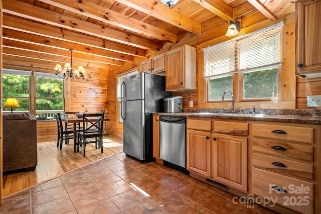 599 Shoal Creek Trl, Nebo, NC 28761 - kitchen with stainless steel appliances, a wooden ceiling with exposed beams, dark countertops, a chandelier, and wood walls