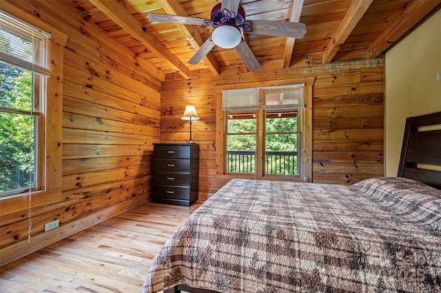 599 Shoal Creek Trl, Nebo, NC 28761 - bedroom featuring a wood ceiling with exposed beams, wooden walls, and light wood finished floors
