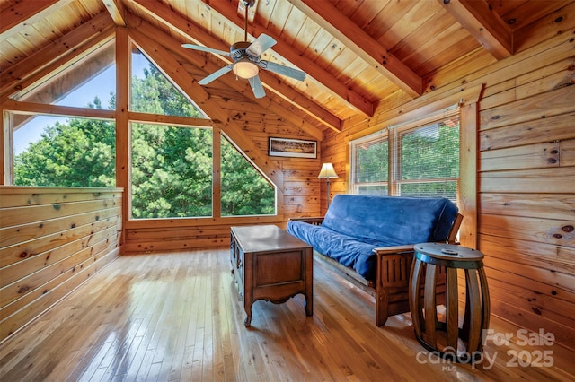 599 Shoal Creek Trl, Nebo, NC 28761 - living room featuring wooden walls, wood ceiling, light wood finished floors, and a ceiling fan