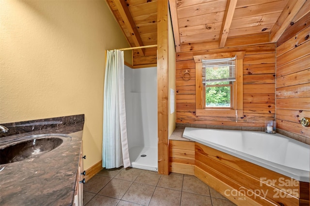 599 Shoal Creek Trl, Nebo, NC 28761 - bathroom featuring wooden ceiling, vanity, wooden walls, a shower stall, and tile patterned flooring