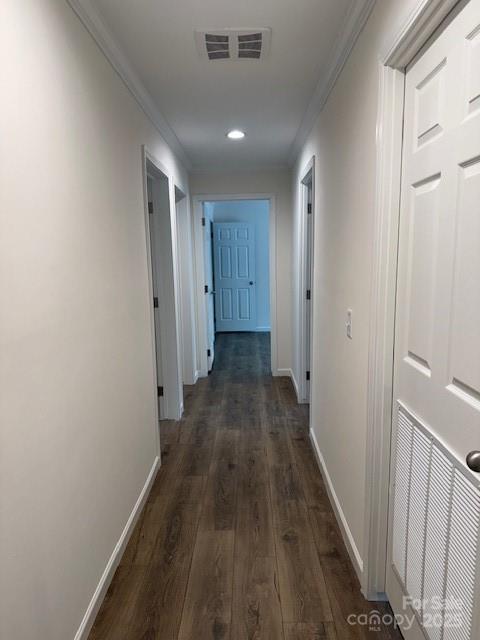 4163 Tallent Rd, Morganton, NC 28655 - hall featuring crown molding, dark wood-style floors, and recessed lighting