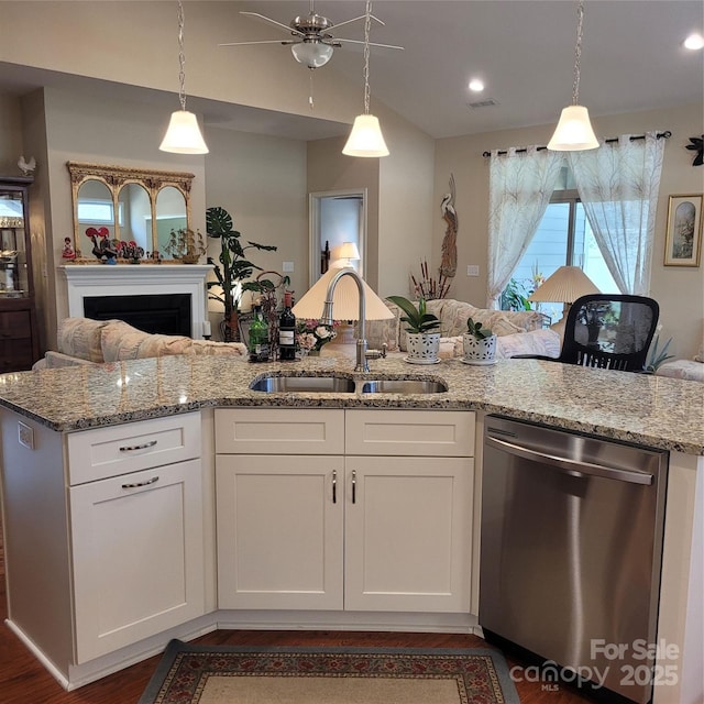 835C Wynnshire Dr Unit 45, Hickory, NC 28601 - kitchen with dishwasher, open floor plan, dark wood finished floors, ceiling fan, and light stone countertops
