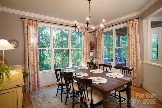 25 Madelyn Ln, Fairview, NC 28730 - dining room featuring light wood finished floors, crown molding, a chandelier, and healthy amount of natural light